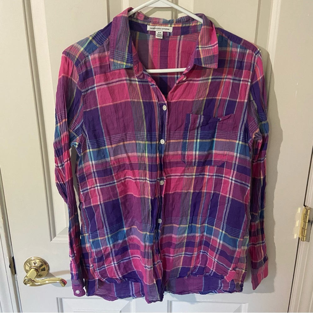 American Eagle Outfitters Plaid Button-Down Shirt in Pink and Purple